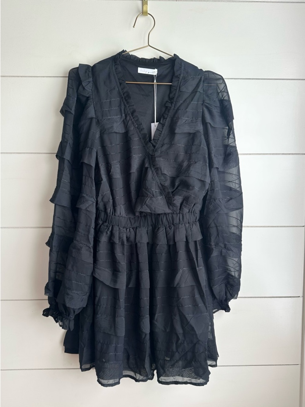 Black Long-Sleeve Ruffle V-Neck Dress